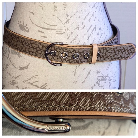 Authentic Coach Woven Jacquard Leather Tan Belt Brass Buckle sz Medium - Picture 1 of 12